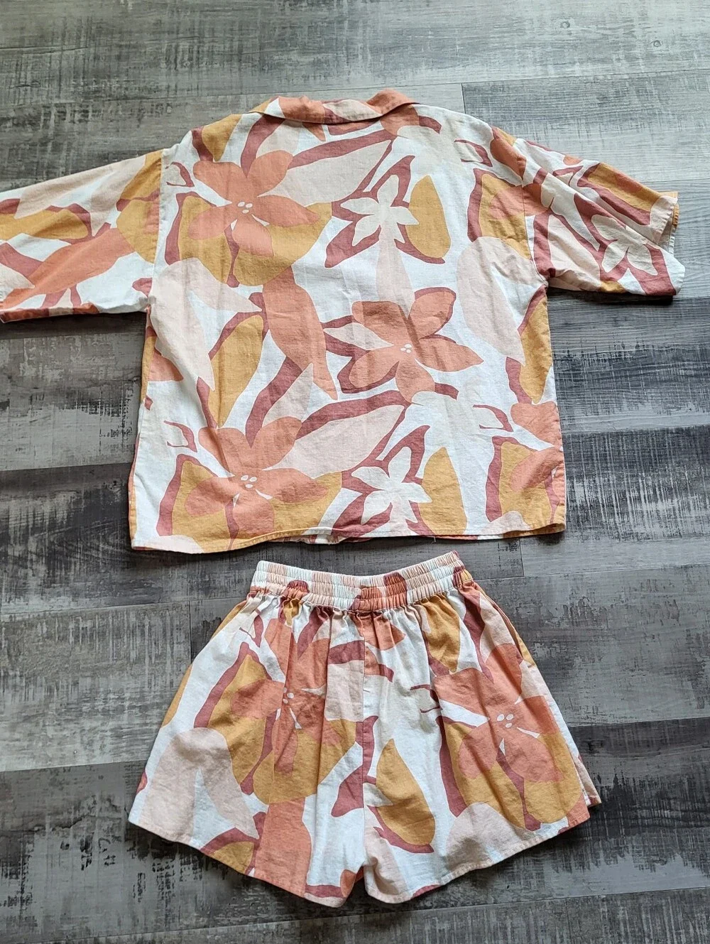 SABO Button Top and Pull On Shorts Matching Set XS Linen Blend Floral Relaxed